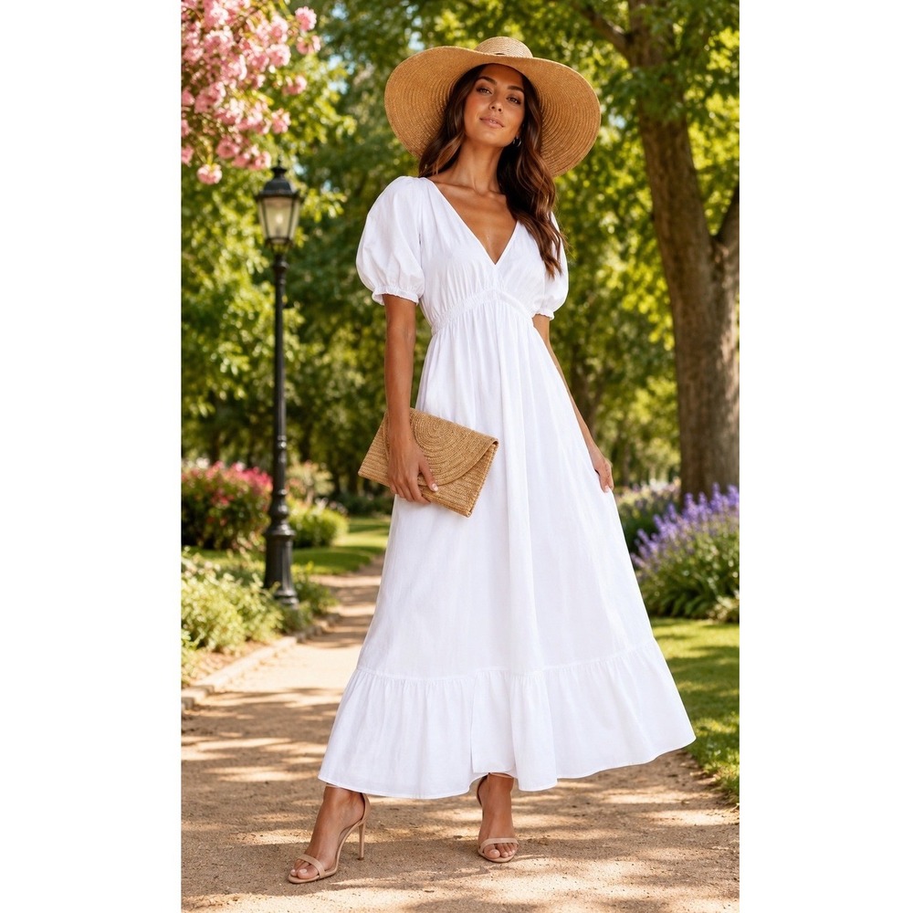 Vineyard Vines White Puff Sleeve Smocked Maxi Dress Cotton Poplin Victorian Sm